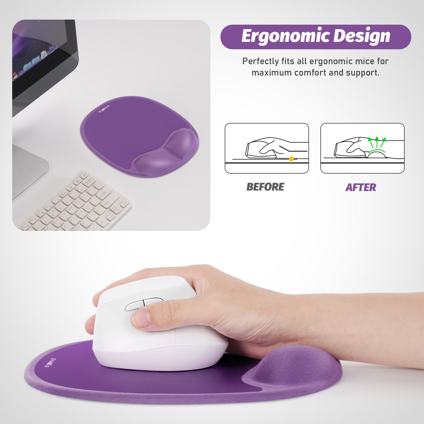 Ergoevol Ergonomic Mouse Pad with Wrist Rest for Ergonomic Vertical Mouse Memory Foam Model(Lavender Purple)