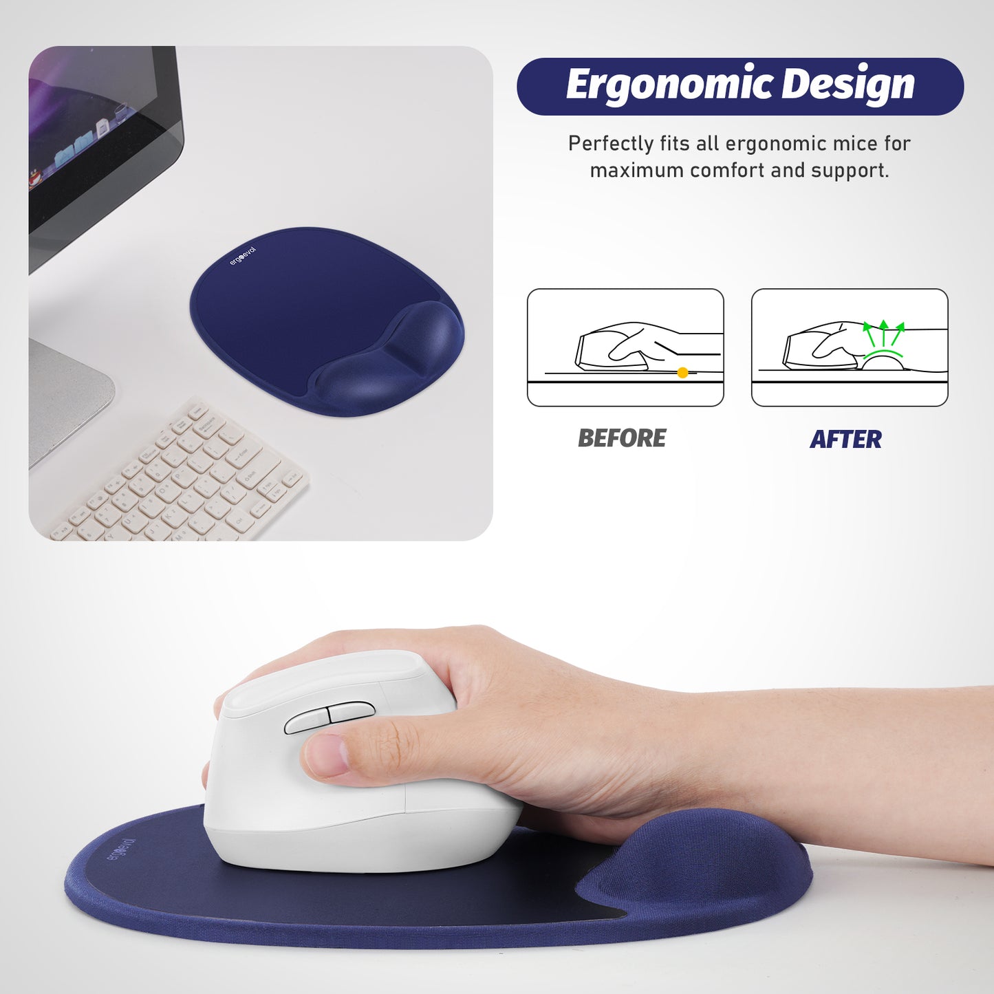 Ergoevol Ergonomic Mouse Pad with Wrist Rest for Ergonomic Vertical Mouse Memory Foam Model(Midnight Blue)