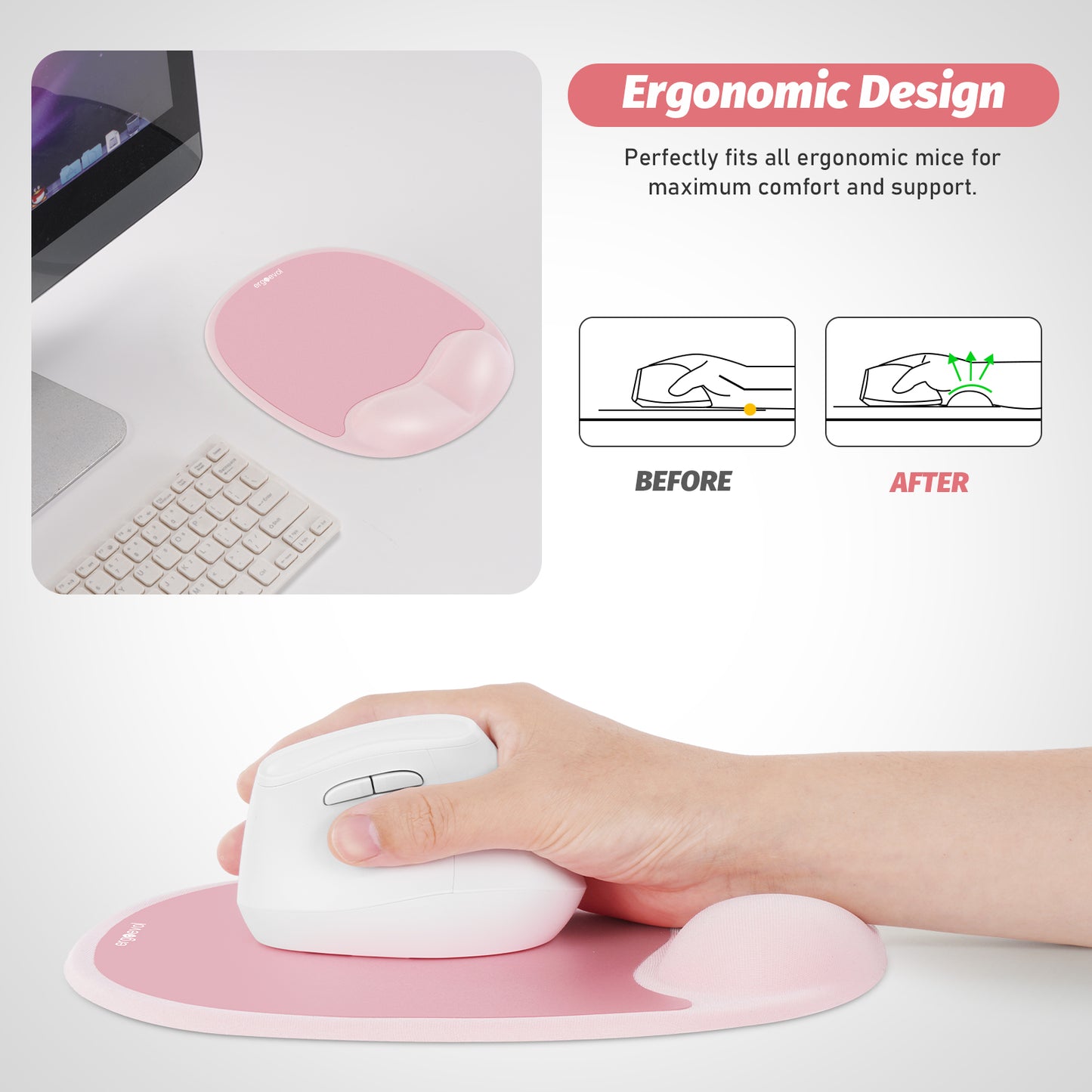 Ergoevol Ergonomic Mouse Pad with Wrist Rest for Ergonomic Vertical Mouse Memory Foam Model(Blush Pink)