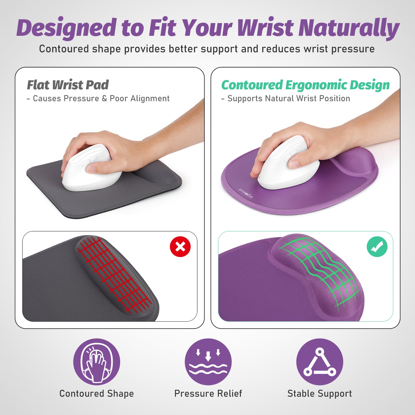 Ergoevol Ergonomic Mouse Pad with Wrist Rest for Ergonomic Vertical Mouse Memory Foam Model(Lavender Purple)