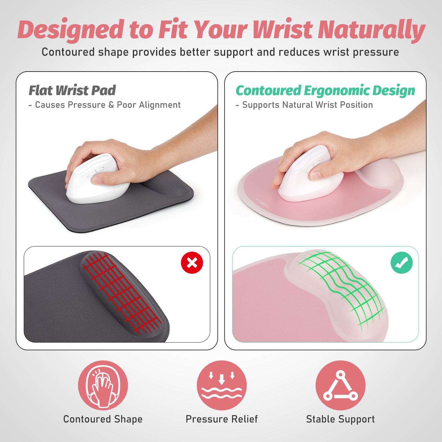 Ergoevol Ergonomic Mouse Pad with Wrist Rest for Ergonomic Vertical Mouse Memory Foam Model(Blush Pink)